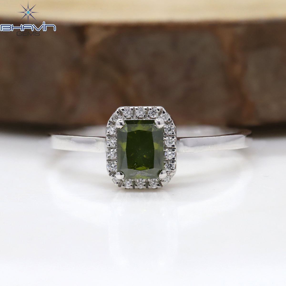 Radiant Cut Fancy Green Diamond Halo Ring in White Gold