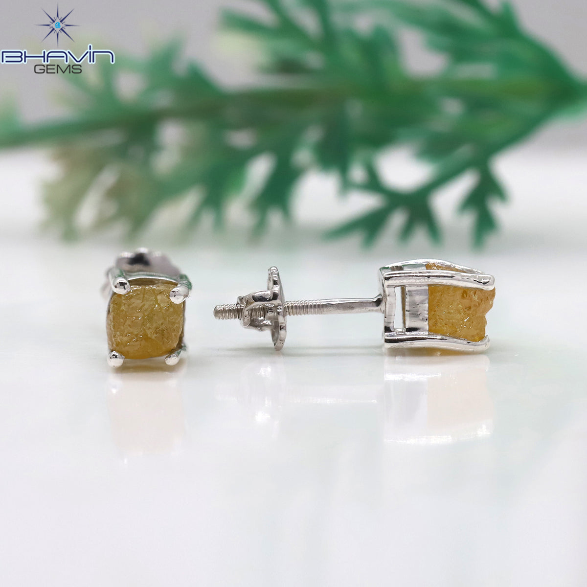 Natural Rough Yellow Diamond Stud Earrings