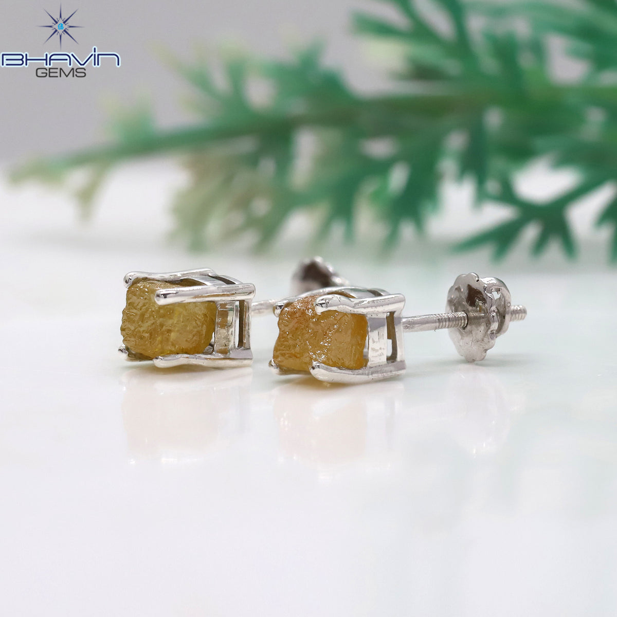 Natural Rough Yellow Diamond Stud Earrings