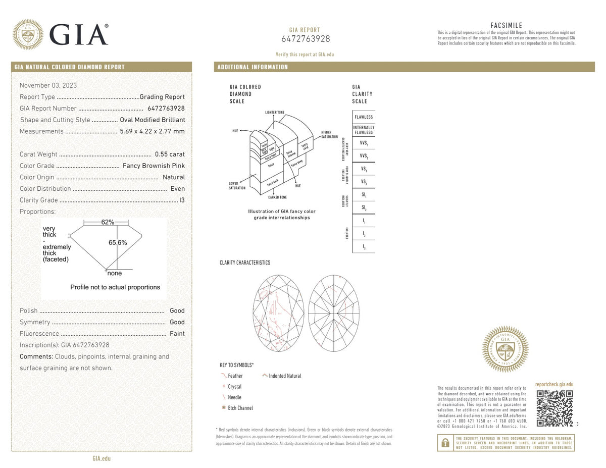 GIA Certified 0.55 CT Oval Shape Natural Diamond Brownish Pink Color I3 Clarity (5.69 MM)