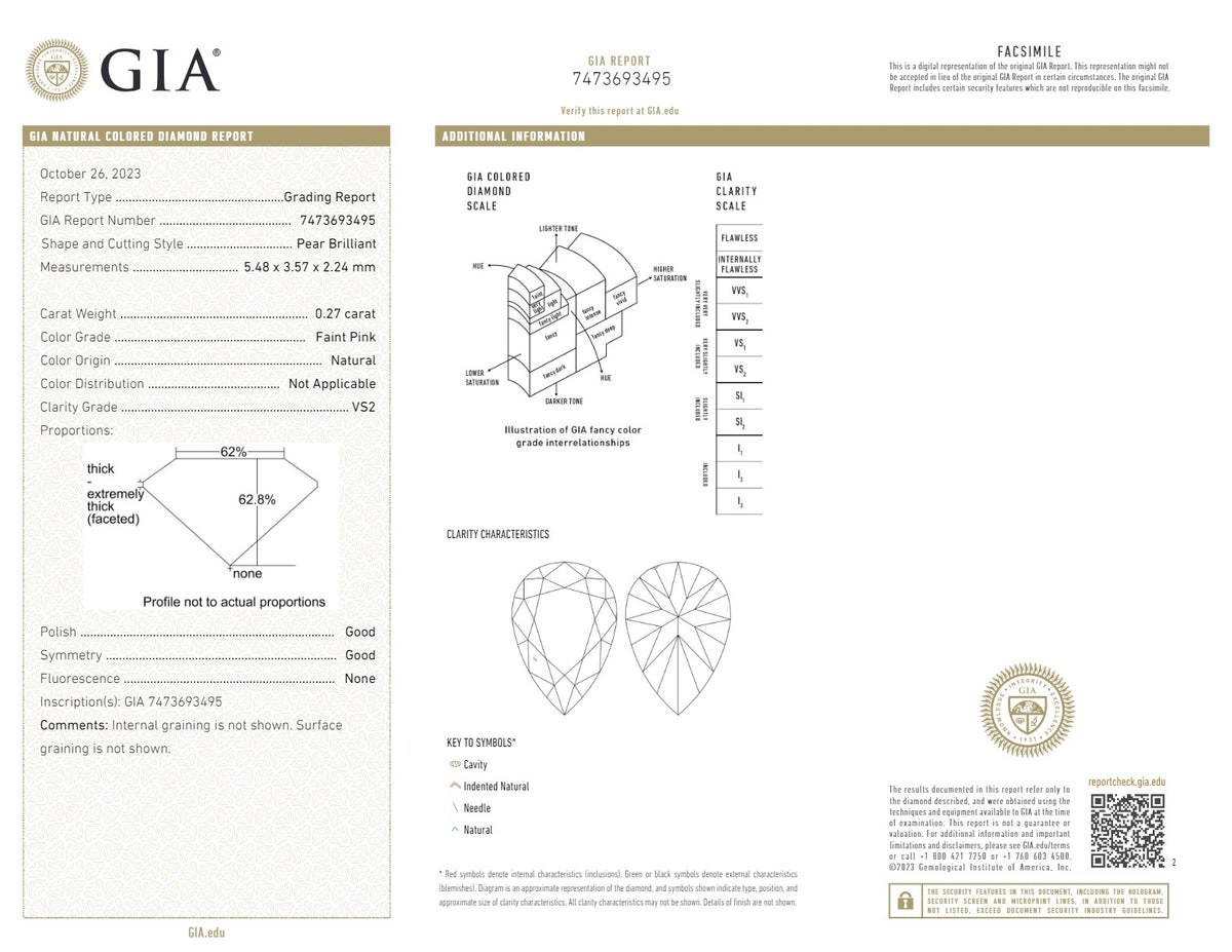 GIA Certified 0.27 CT  Natural Pear Pink Diamond VS2 Clarity (5.48 MM)