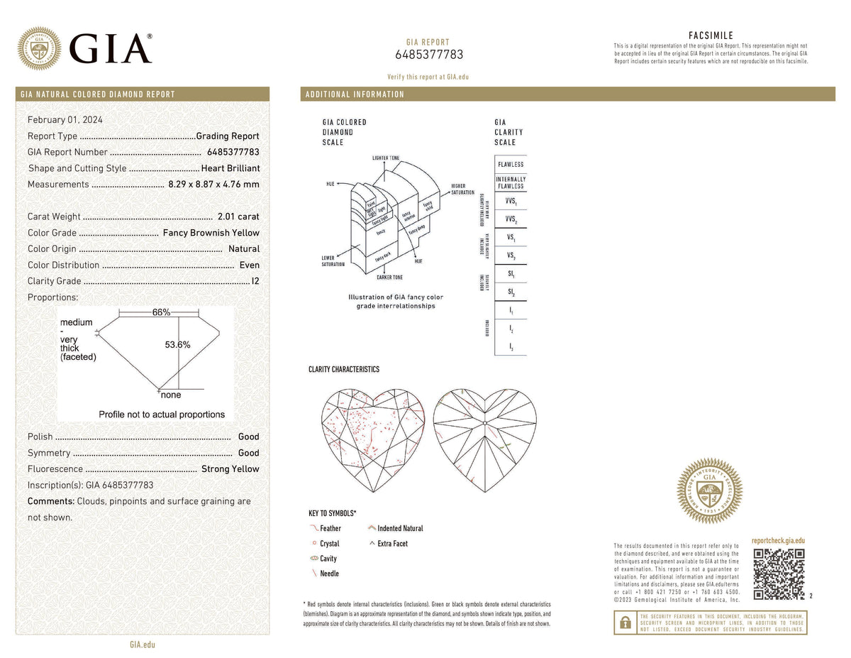 GIA Certified 2.01 CT Heart Diamond Brownish Yellow Color Natural Loose Diamond (8.29 MM)