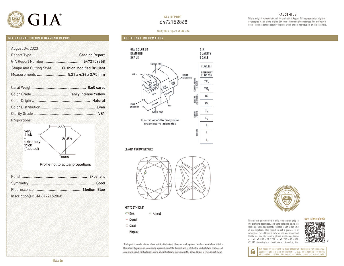 GIA Certified 0.60 CT Cushion Diamond Natural Yellow Color VS1 Clarity (5.21 MM)