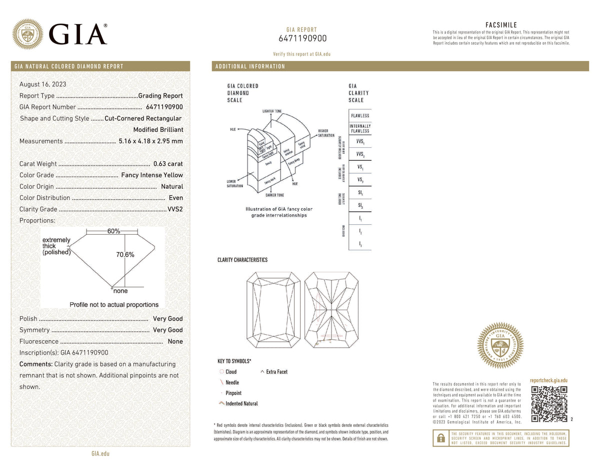 GIA Certified 0.63 CT Radiant Diamond Natural Yellow Color VVS2 Clarity (5.16 MM)