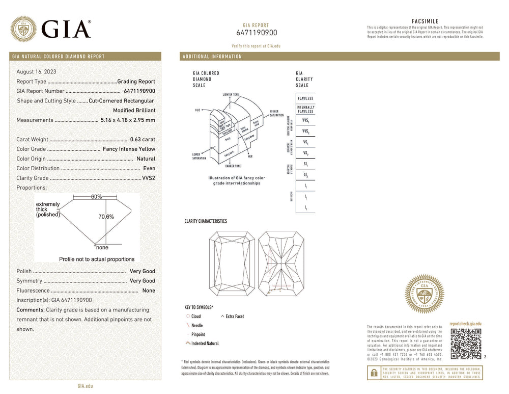 GIA Certified 0.63 CT Radiant Diamond Natural Yellow Color VVS2 Clarity (5.16 MM)