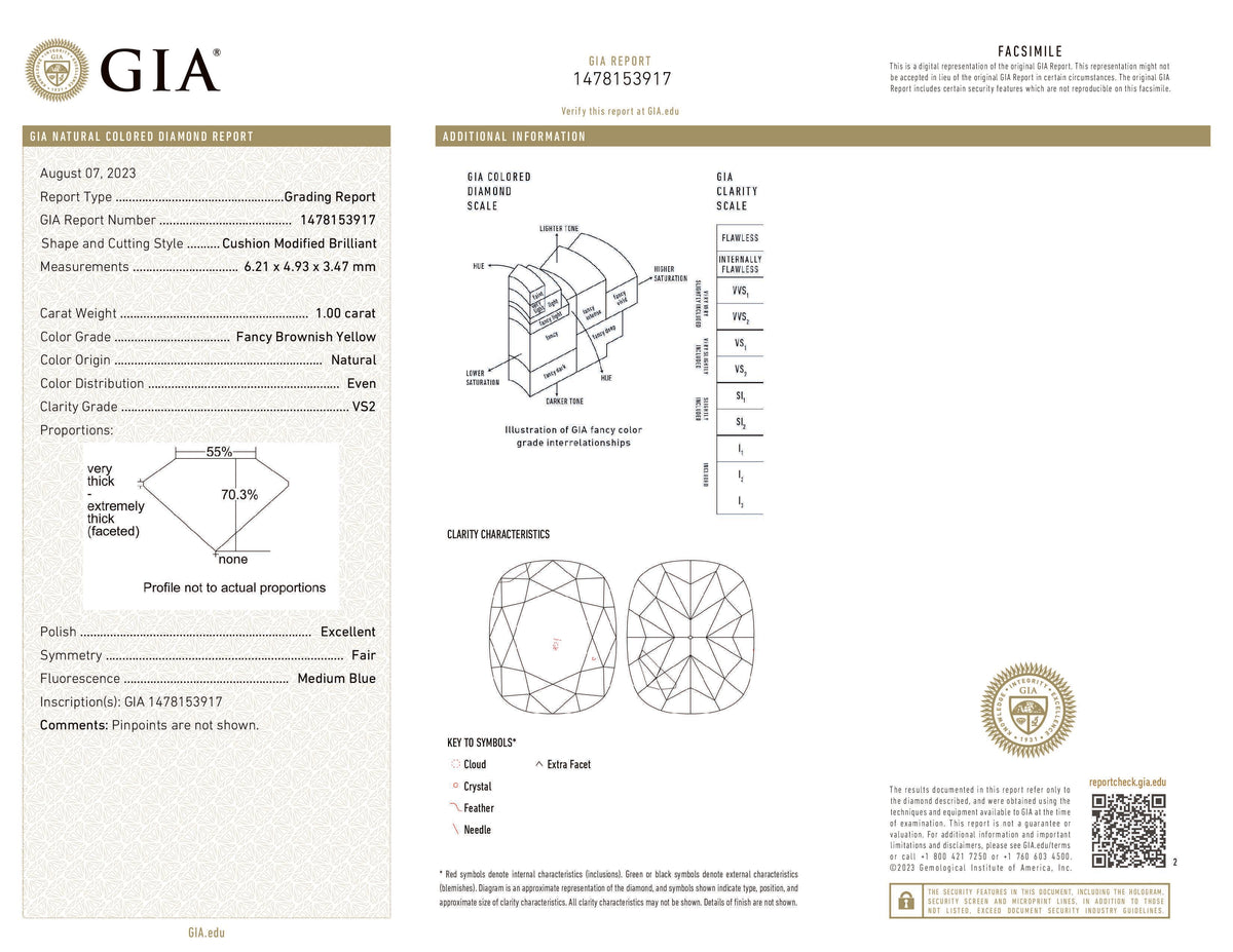 GIA Certified 1.00 CT Cushion Diamond Natural  Brownish Yellow Color VS2 Clarity (6.21 MM)