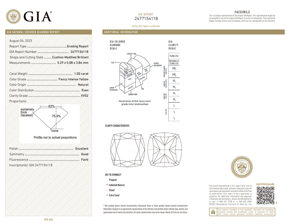 GIA Certified 1.00 CT Cushion Diamond Natural Yellow Color VVS2 Clarity (5.29 MM)