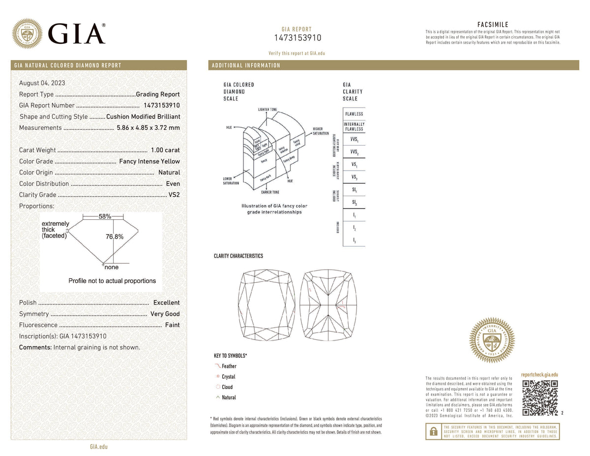 GIA Certified 1.00 CT Cushion Diamond Natural Yellow Color VS2 Clarity (5.86 MM)