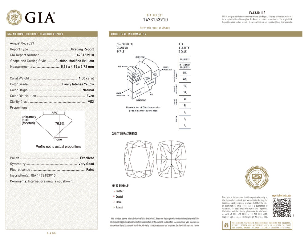GIA Certified 1.00 CT Cushion Diamond Natural Yellow Color VS2 Clarity (5.86 MM)
