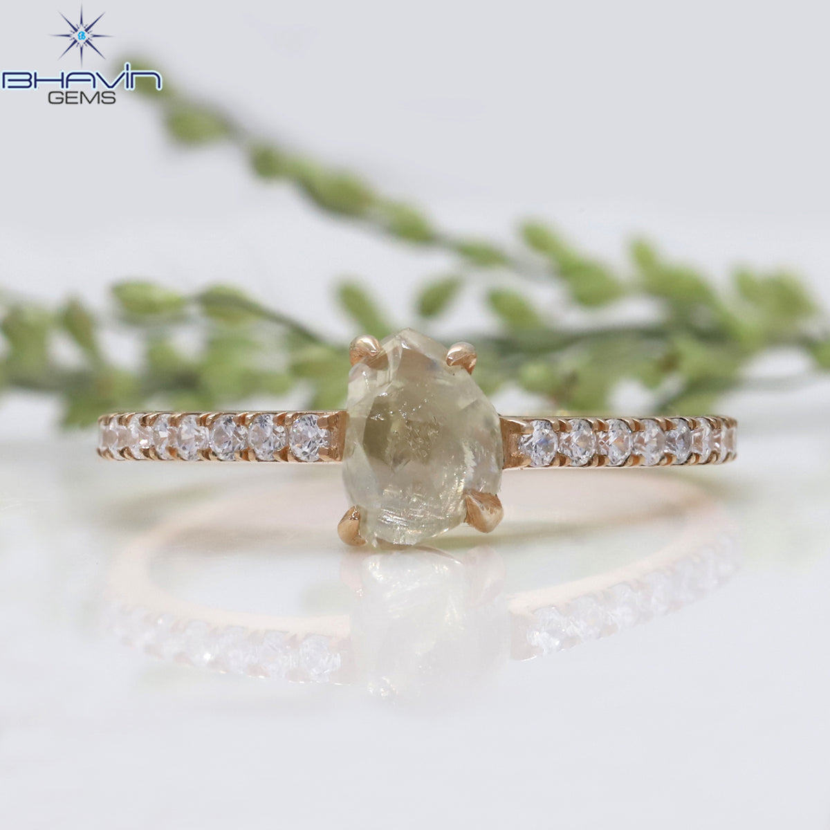 Rough Cut Natural Yellow Diamond Ring with Side Pavé Band Ring