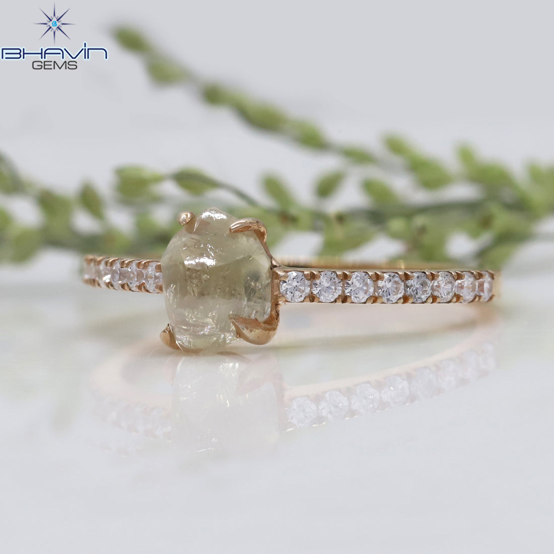 Rough Cut Natural Yellow Diamond Ring with Side Pavé Band Ring