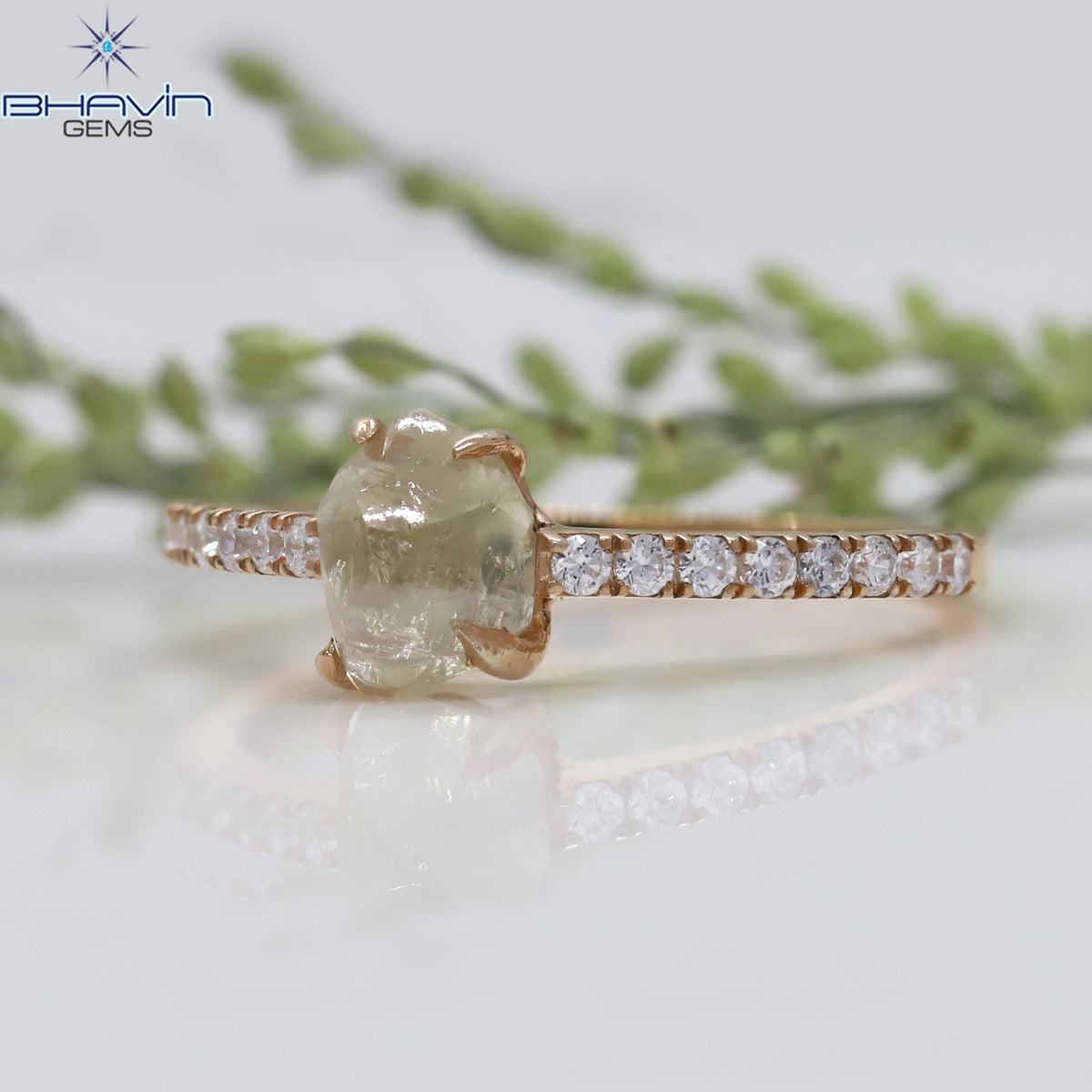 Rough Cut Natural Yellow Diamond Ring with Side Pavé Band Ring