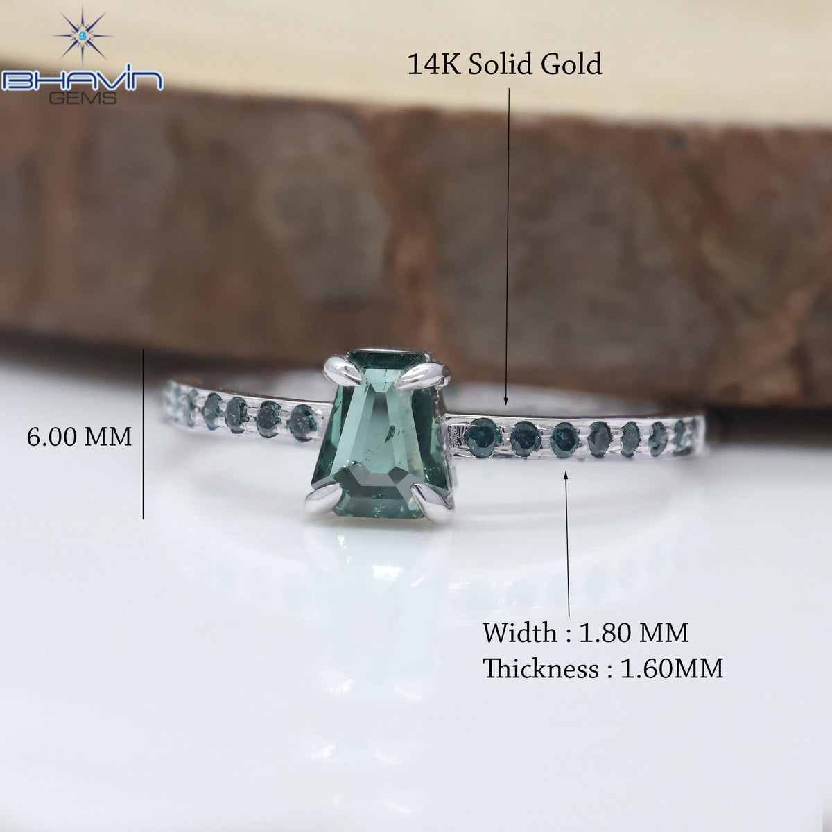 Coffin Diamond Greenish Blue Color Natural Diamond Ring Engagement Ring