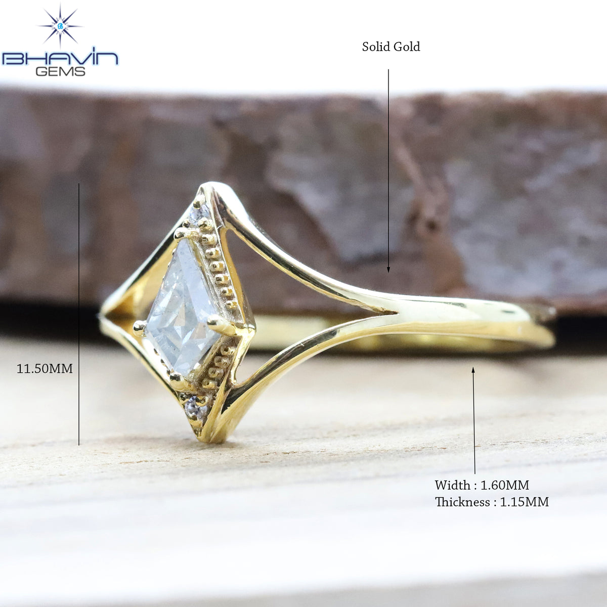 Natural Kite Cut Salt & Pepper Diamond Geometric Solitaire Ring