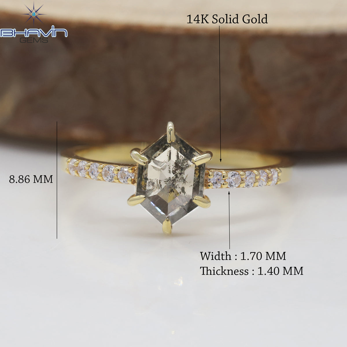 Hexagon Diamond Salt And Pepper Diamond Natural Diamond Ring Gold Ring Engagement Ring