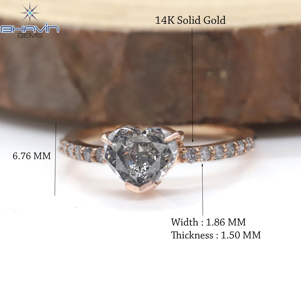 ハート ダイヤモンド ソルト アンド ペッパー ダイヤモンド、天然ダイヤモンド リング、婚約指輪