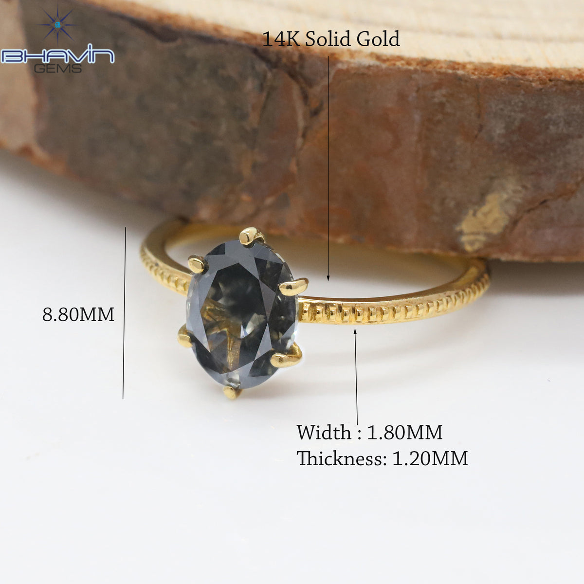 Natural Grey Oval Diamond Engagement Ring with Milgrain Band