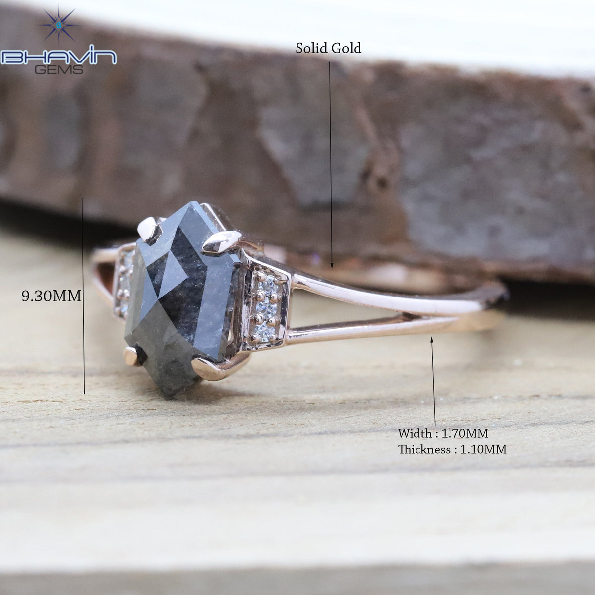 Hexagon Diamond Salt And Pepper Diamond Natural Diamond Ring Gold Ring Engagement Ring