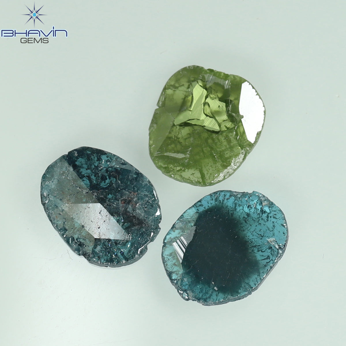 1.71 CT/3 個のスライス形状天然ダイヤモンド ブルー グリーン色 I3 クラリティ (8.01 MM)