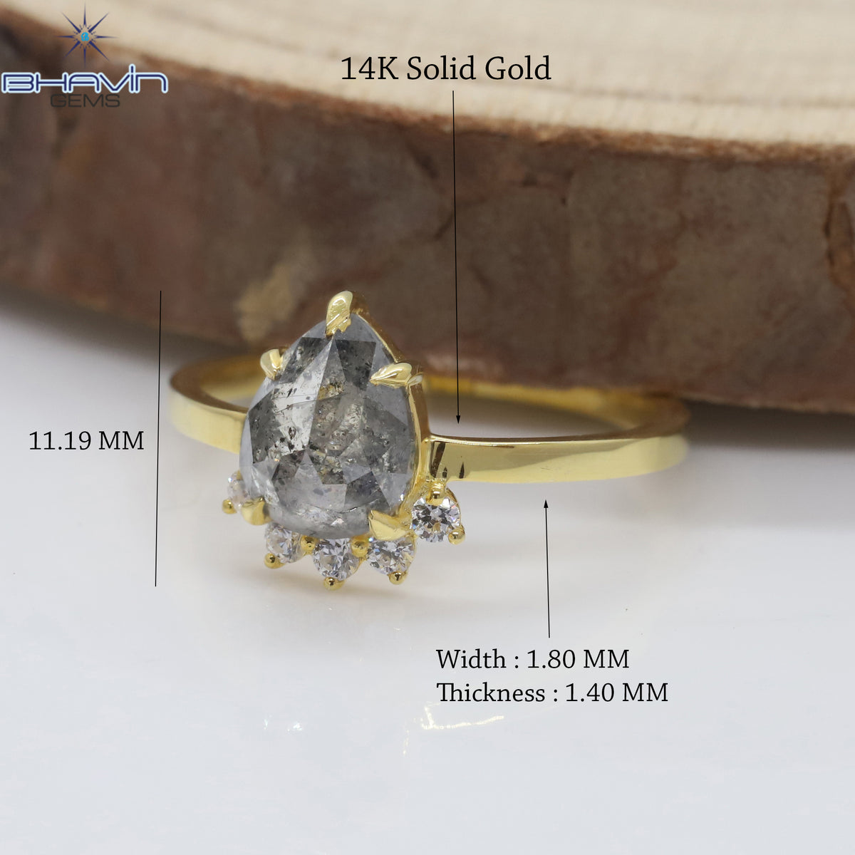 Natural Pear-Shaped Salt and Pepper Diamond Ring with Diamond Tiara Setting