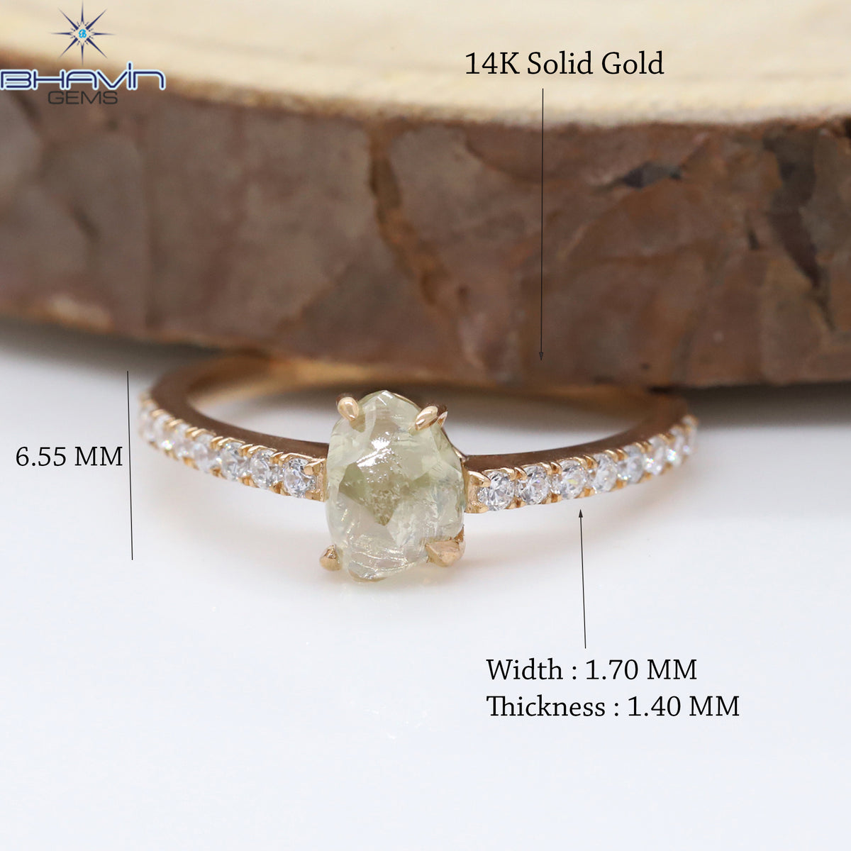Rough Cut Natural Yellow Diamond Ring with Side Pavé Band Ring