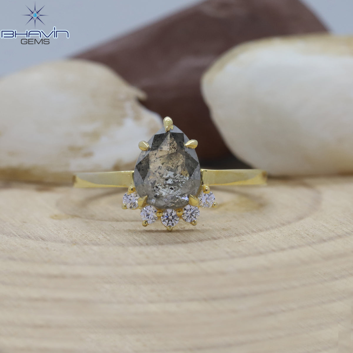 Natural Pear-Shaped Salt and Pepper Diamond Ring with Diamond Tiara Setting