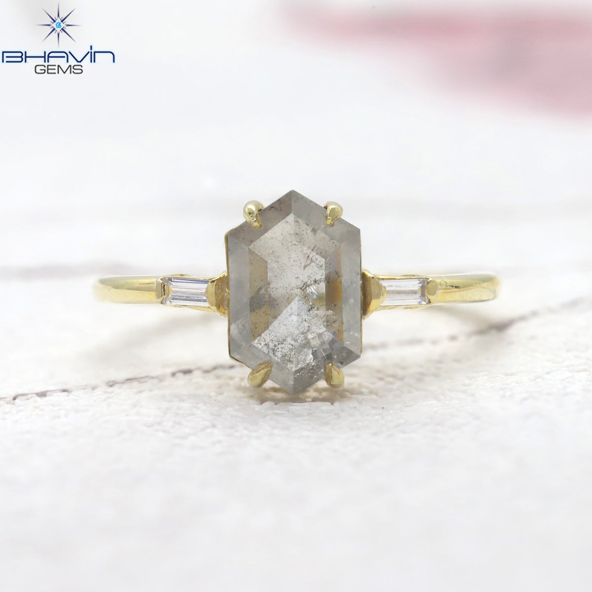 Hexagon Diamond Salt And Pepper Diamond Natural Diamond Ring Gold Ring Engagement Ring