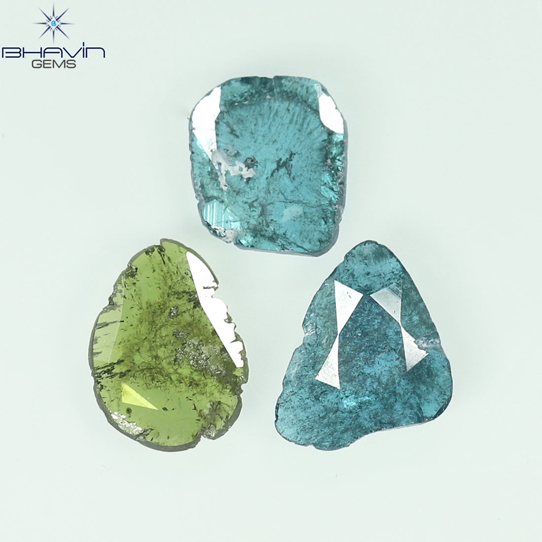 1.37 CT/3 Pcs Natural Slice Diamond Enhanced Blue Green Color Clarity I3 (8.84 MM)