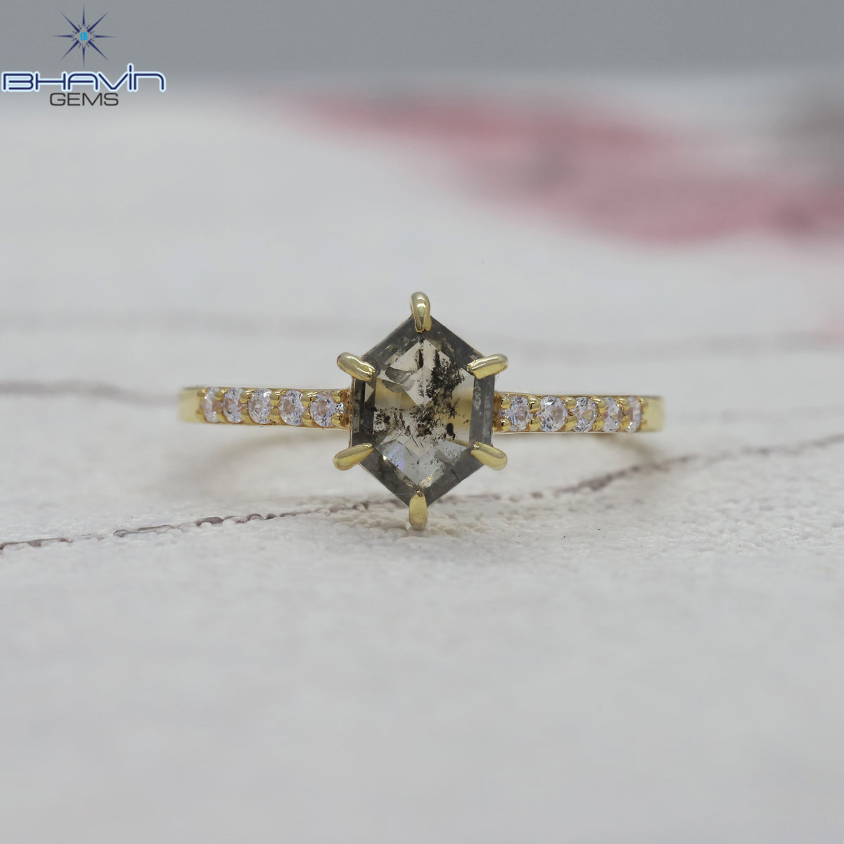 Hexagon Diamond Salt And Pepper Diamond Natural Diamond Ring Gold Ring Engagement Ring