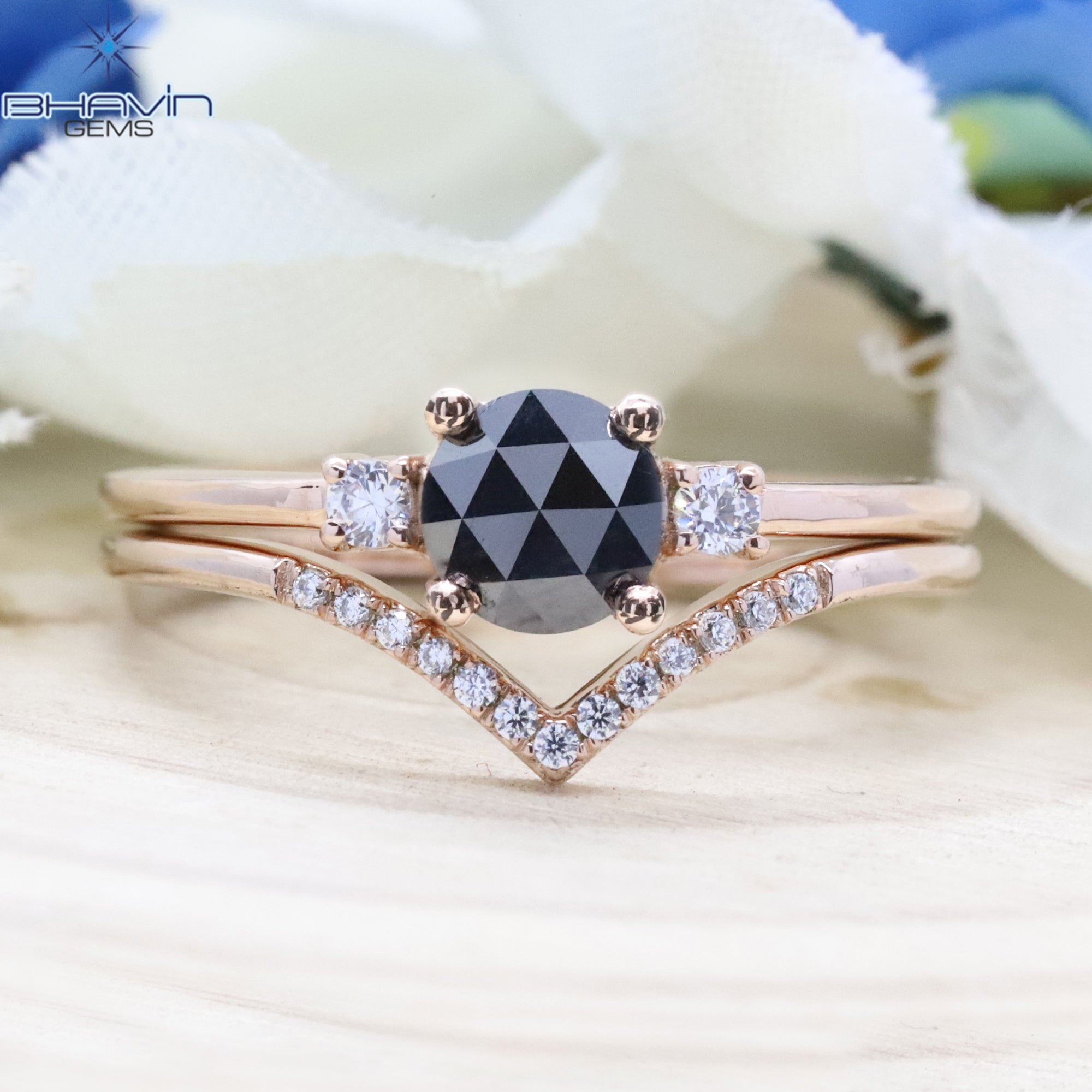 ラウンド ローズカット ダイヤモンド、ブラック ダイヤモンド、天然ダイヤモンド リング、婚約指輪
