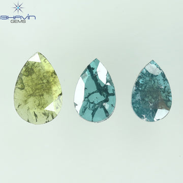 0.71 CT/3 ピース ペアシェイプ ナチュラル ダイヤモンド グリーン ブルー カラー I3 クラリティ (7.04 MM)