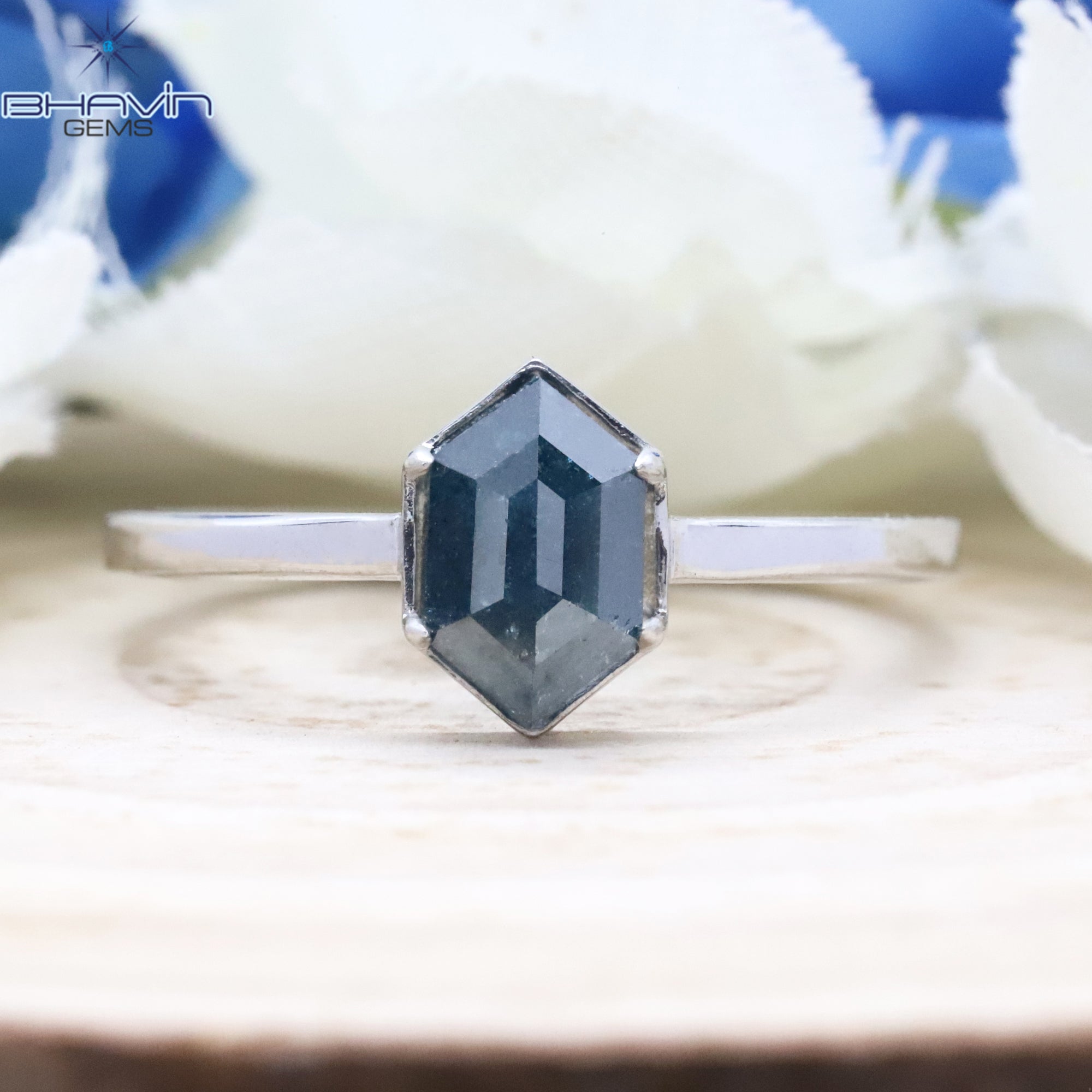 Hexagon Diamond, Blue Diamond, Natural Diamond Ring, Engagement Ring