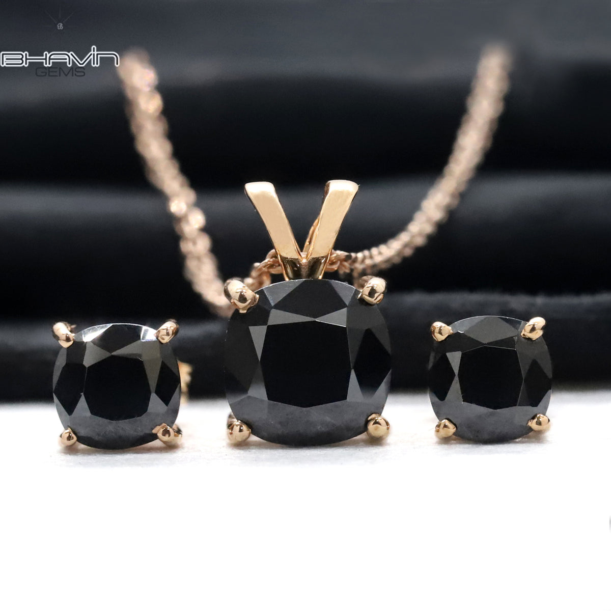 クッション ダイヤモンド ブラック ナチュラル ダイヤモンド ペンダント イヤリング ローズ ゴールド ブライダル ネックレス
