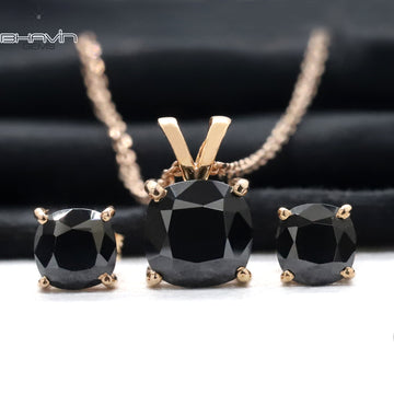 クッション ダイヤモンド ブラック ナチュラル ダイヤモンド ペンダント イヤリング ローズ ゴールド ブライダル ネックレス