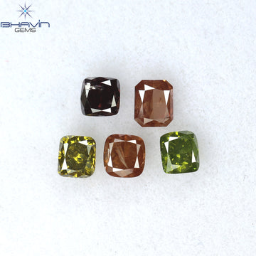 0.82CT/5ピース クッションシェイプ 天然ダイヤモンド ピンクグリーン色 SI2 クラリティ (3.46mm)