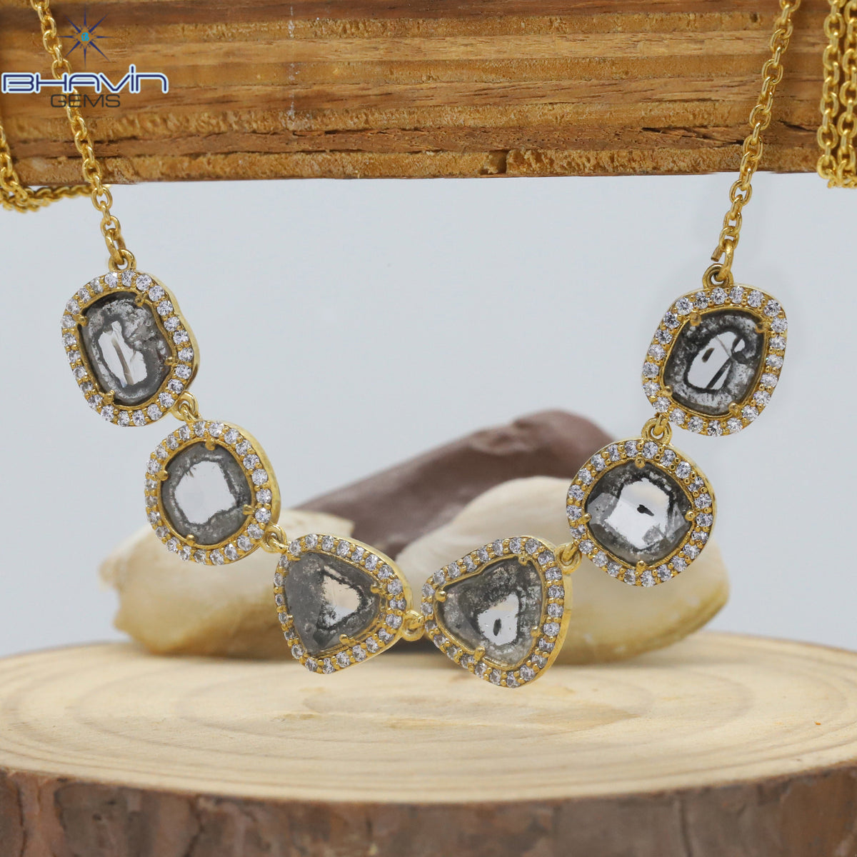 Slice Rose Cut Diamond Pendant, Salt And Pepper Diamond, Yellow Gold Pendant, Bridal Necklace