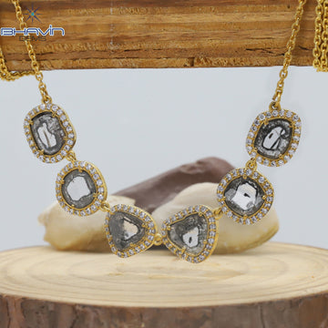 Slice Rose Cut Diamond Pendant, Salt And Pepper Diamond, Yellow Gold Pendant, Bridal Necklace