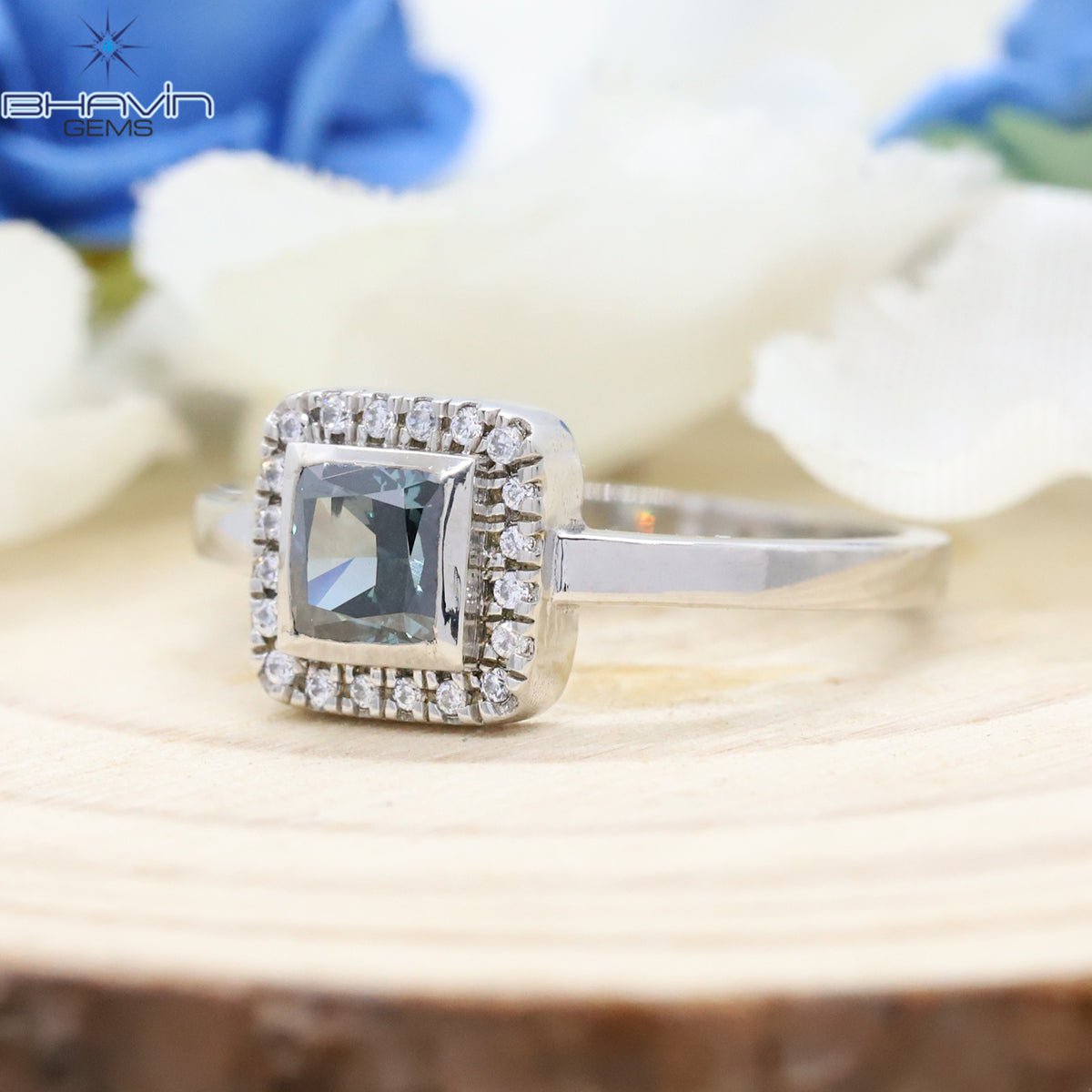 Natural Midnight Blue Cushion Cut Halo Ring