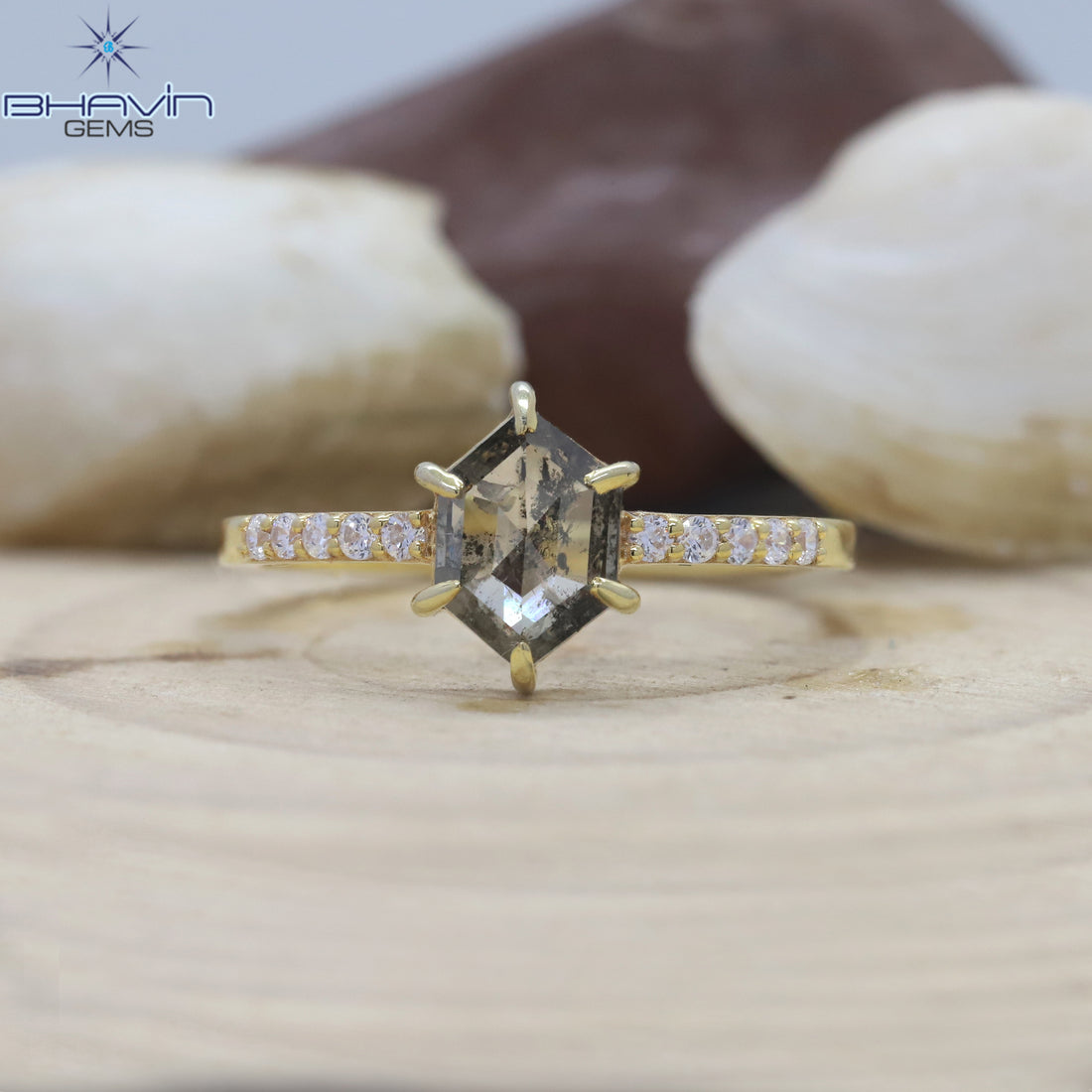 Hexagon Diamond Salt And Pepper Diamond Natural Diamond Ring Gold Ring Engagement Ring