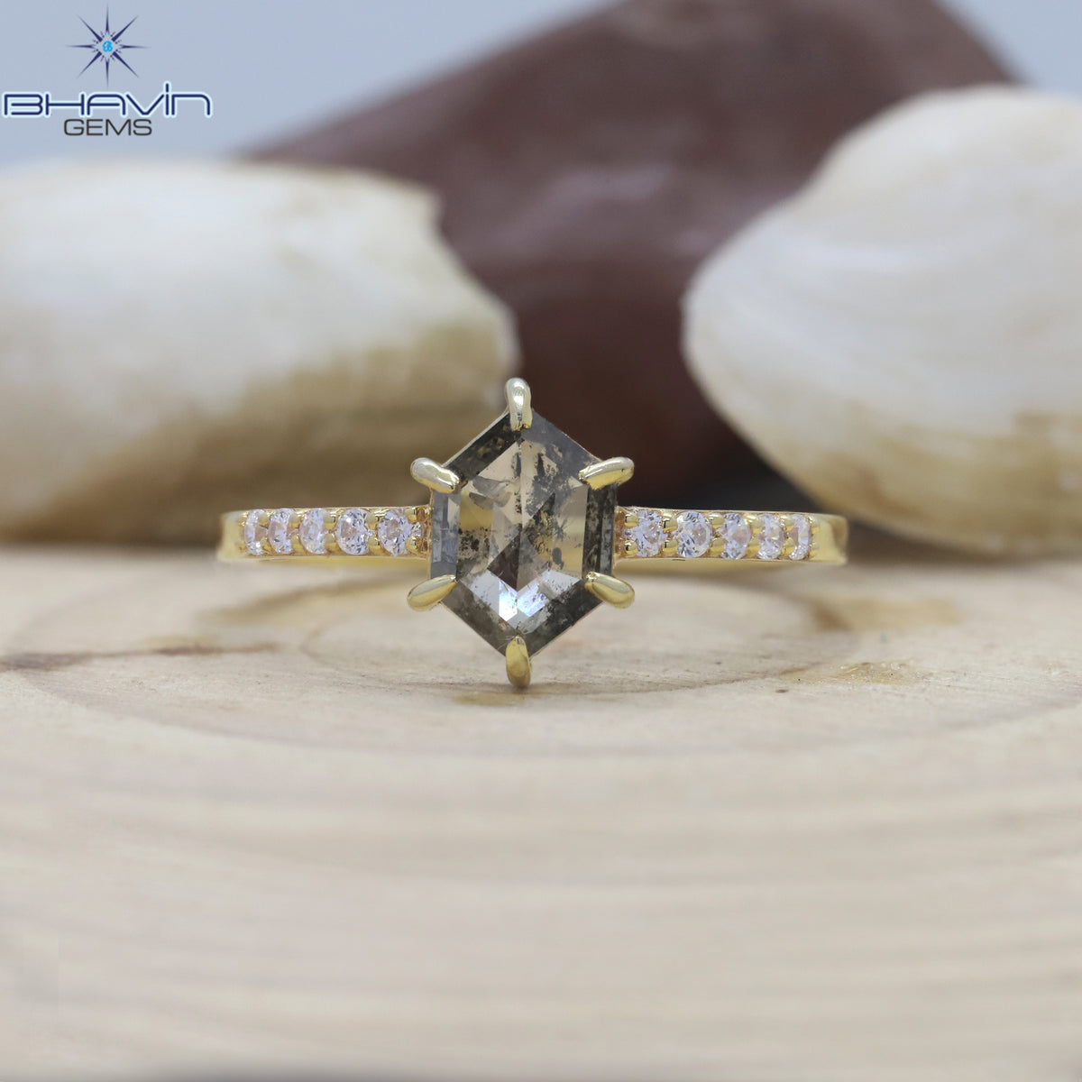 Hexagon Diamond Salt And Pepper Diamond Natural Diamond Ring Gold Ring Engagement Ring