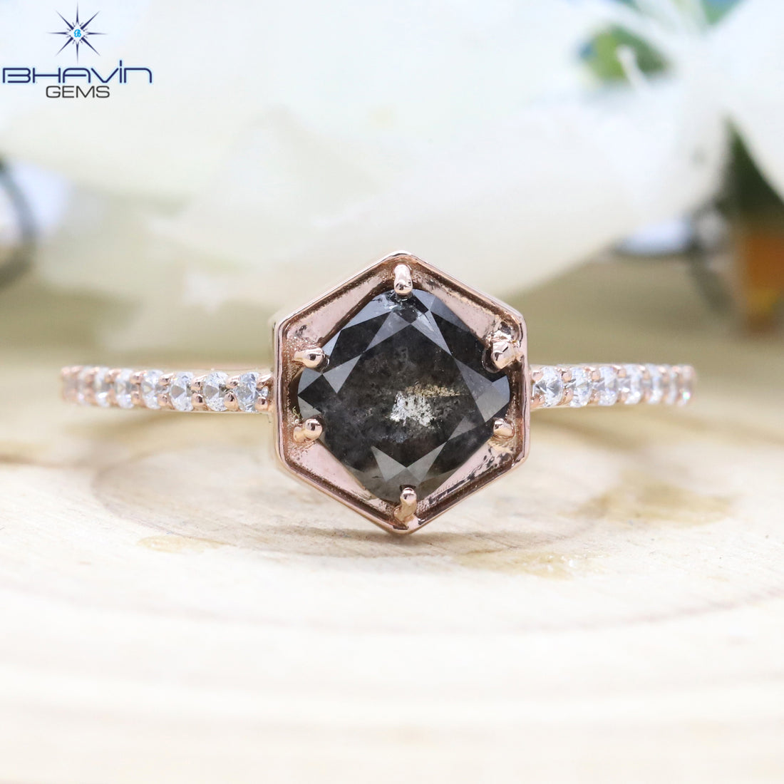 Vintage Natural Cushion Salt and Pepper Diamond Bridal Set in Rose Gold