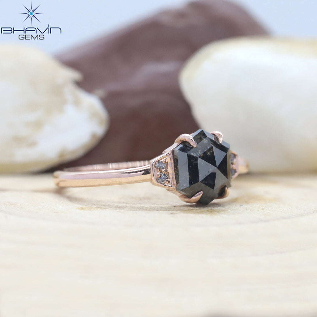 Hexagon Diamond Natural Diamond Ring Salt And Papper Diamond Gold Ring Engagement