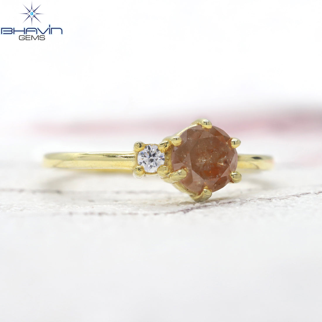 Round Diamond Natural Diamond Ring Yellow Brown Diamond Gold Ring Engagement