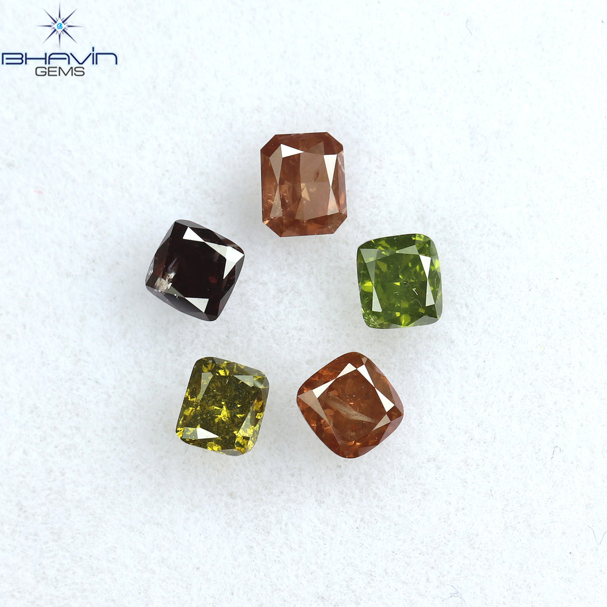 0.82CT/5ピース クッションシェイプ 天然ダイヤモンド ピンクグリーン色 SI2 クラリティ (3.46mm)
