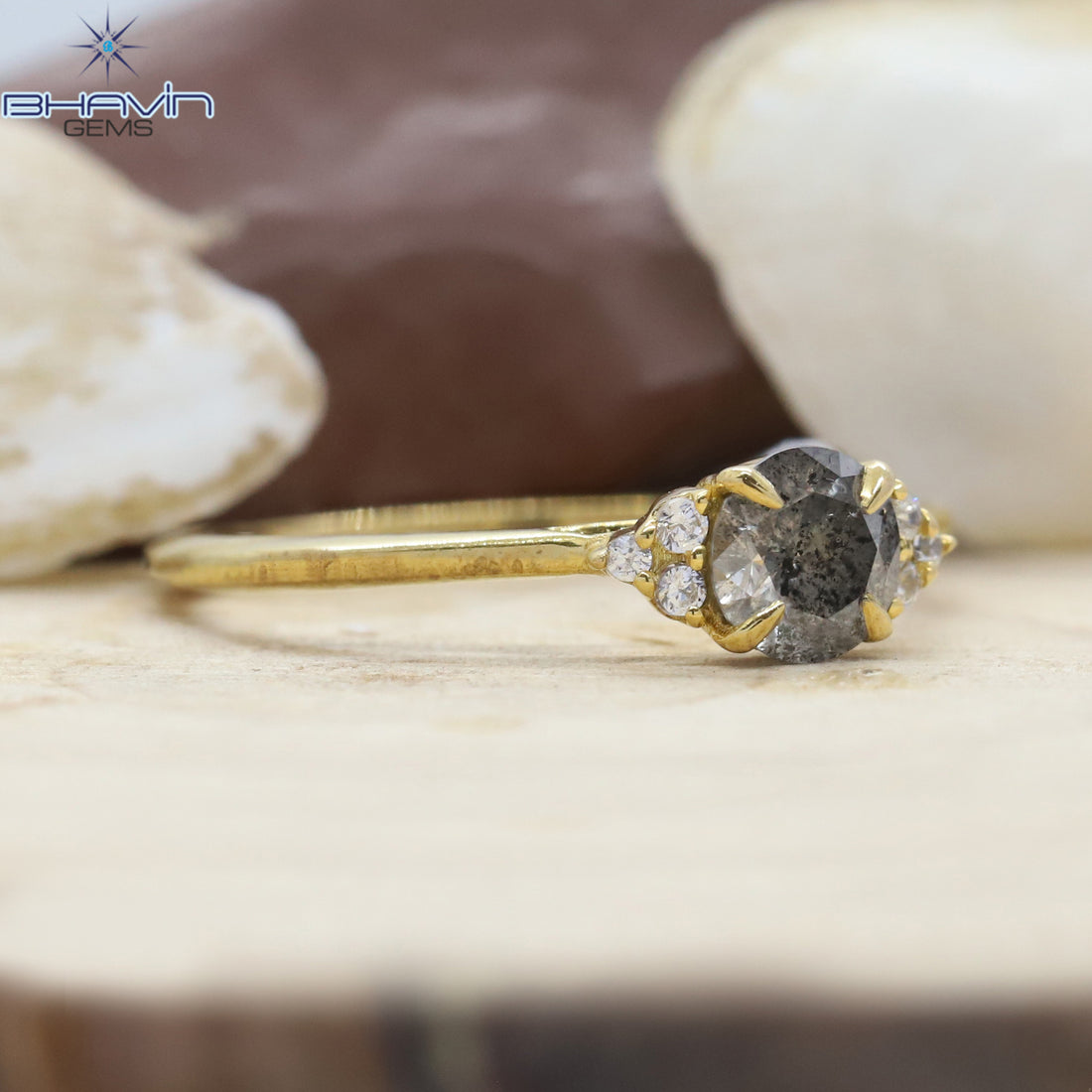 Round Diamond, Natural Diamond Ring, Salt And Pepper Diamond, Gold Ring, Engagement Ring, Wedding Ring, Diamond Ring