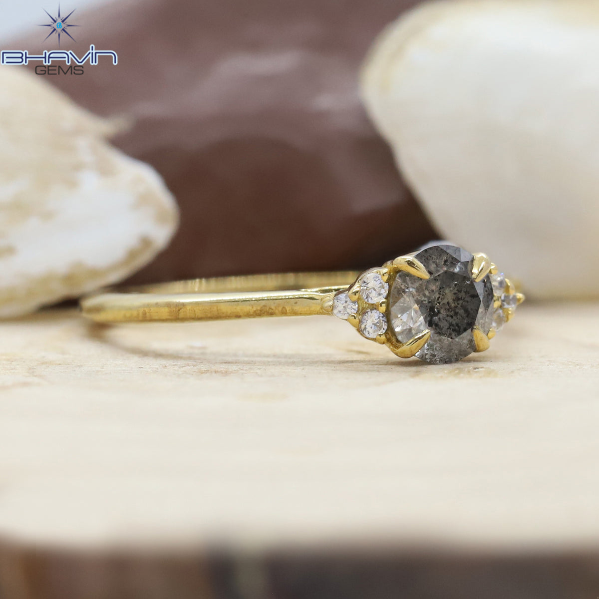 Round Diamond, Natural Diamond Ring, Salt And Pepper Diamond, Gold Ring, Engagement Ring, Wedding Ring, Diamond Ring