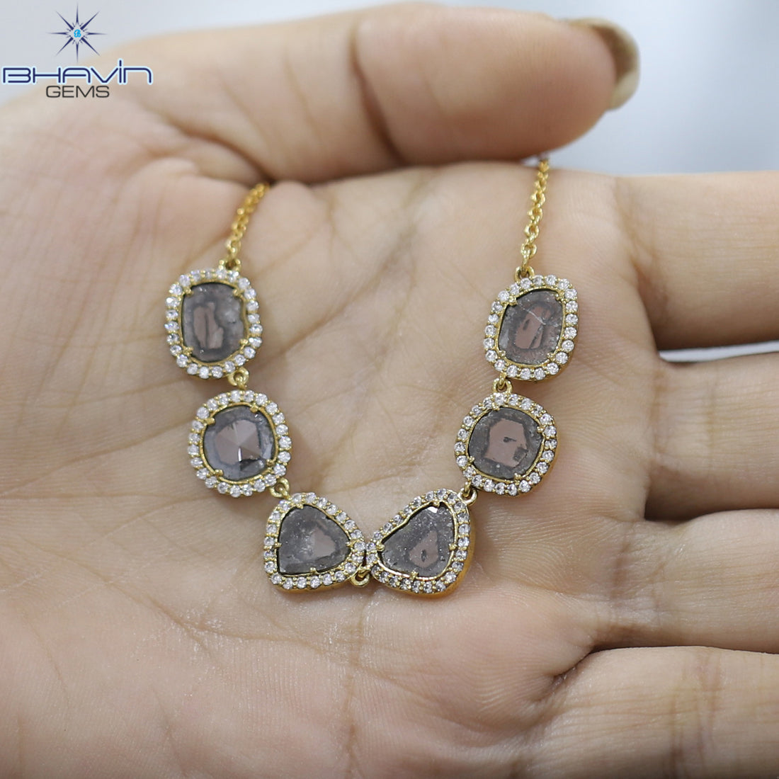 Slice Rose Cut Diamond Pendant, Salt And Pepper Diamond, Yellow Gold Pendant, Bridal Necklace