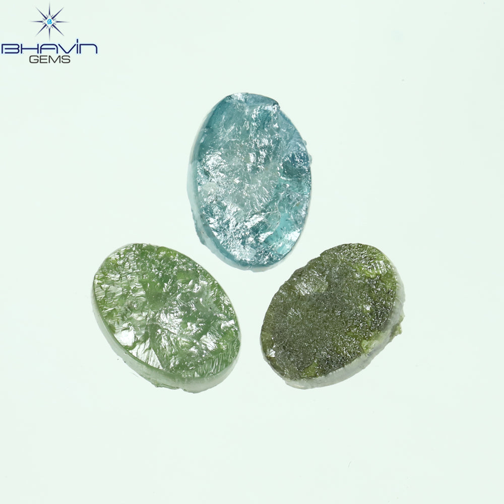 1.40 CT/3 Pcs Oval Rough Shape Blue Green Color Natural Loose Diamond I3 Clarity (6.15 MM)