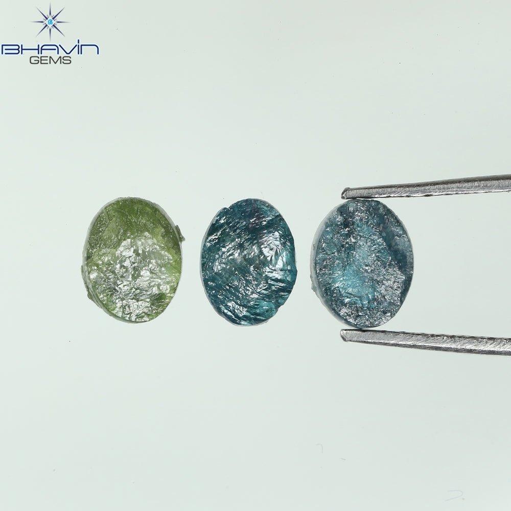 1.36 CT/3 Pcs Oval Rough Shape Blue Green Natural Loose Diamond I3 Clarity (6.70 MM)