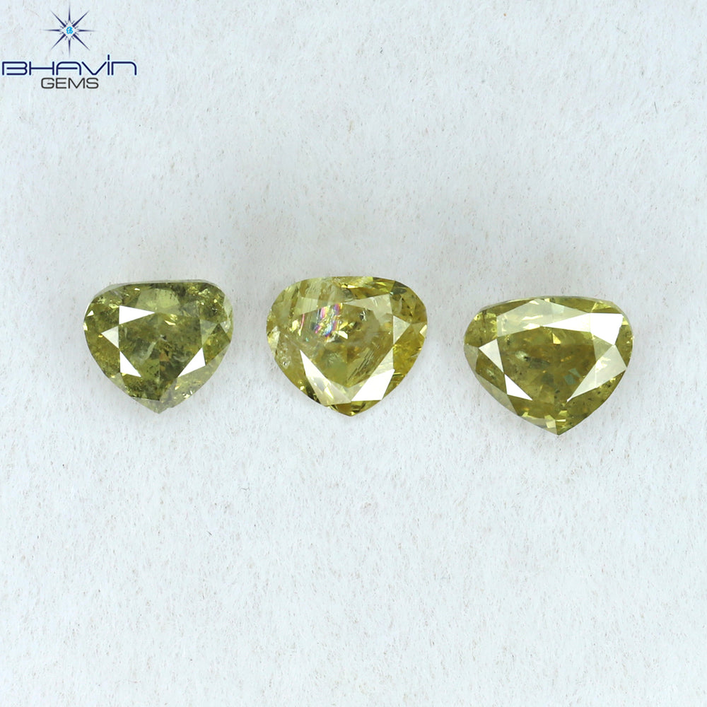 0.87 CT/3 Pcs Heart Shape Natural Diamond Yellow Green Color I2 Clarity (3.83 MM)